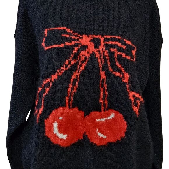 Wild Fable Oversize Black Red Cherry & Bow Sweater Women's XS Fuzzy Texture - Picture 3 of 11